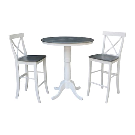 International Concepts Round 36 in Rd Extend Dining Table, 2 X-Back Bar Ht Stools, White/Heather Gray, 36 W, 48 L, 41.3 in H K05-36RXT-6B-S6133-2
